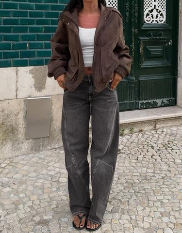 Faux suede funnel neck jacket — Brown 3