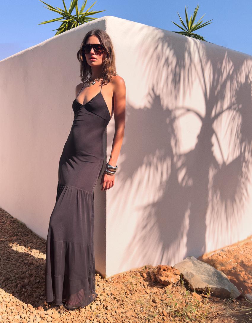 Robe midi en tulle-Marron-0