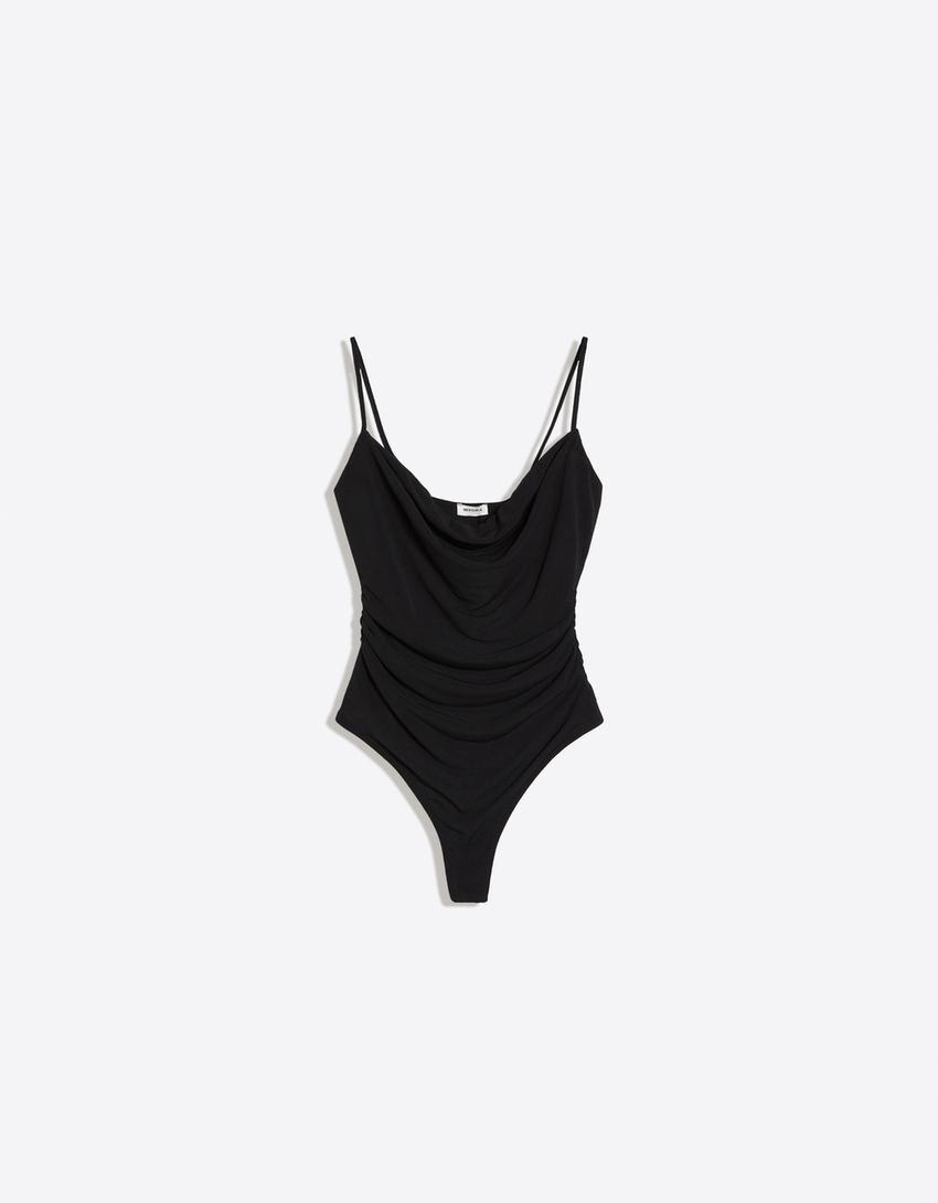 Strappy draped bodysuit-Black