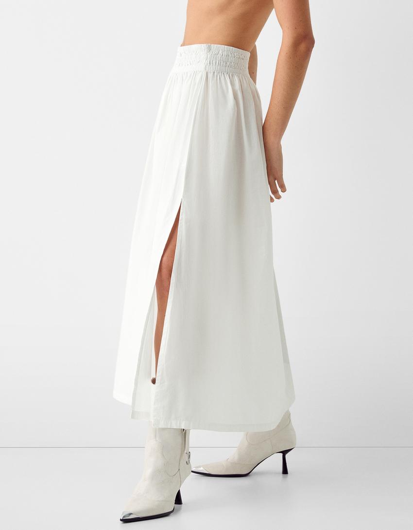 Saia midi popelina elástico cintura-Cru-1