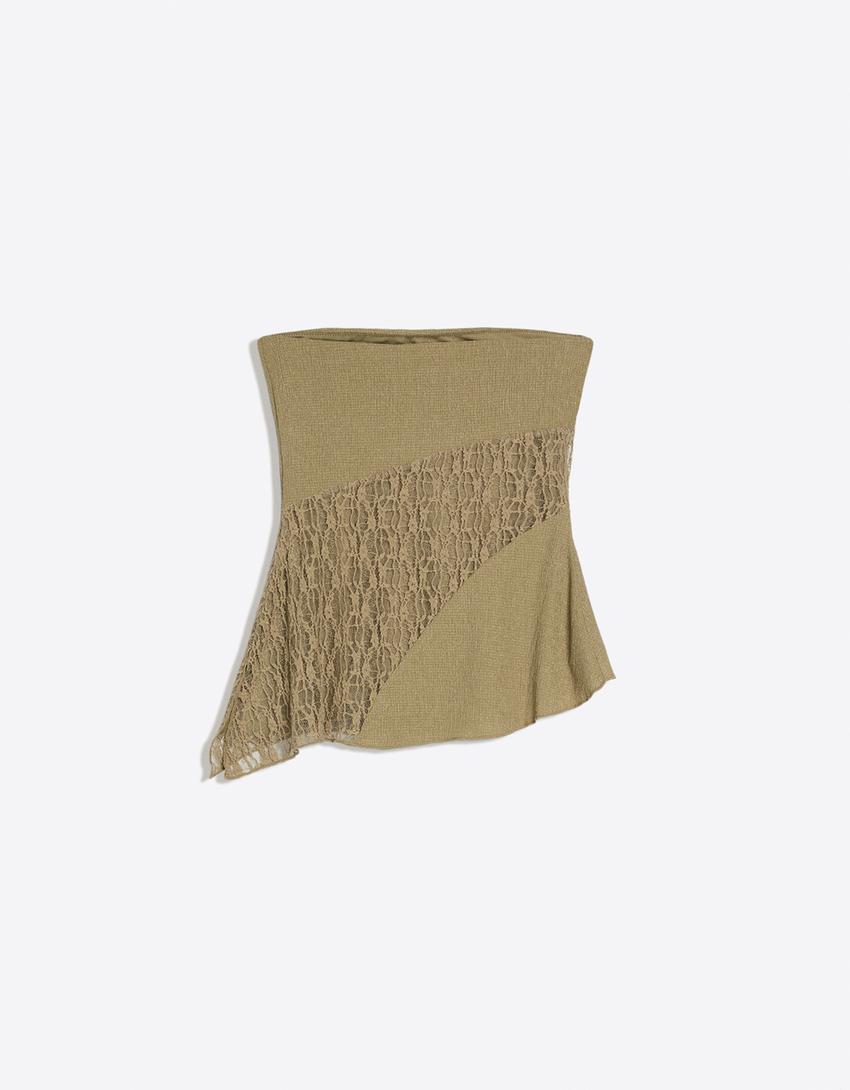 Asymmetric lace bandeau top-Khaki