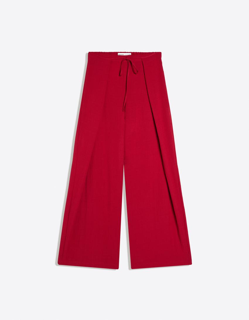 Rustic wide-leg pleated trousers-Red