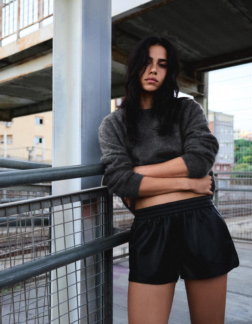 Boxer bel suni deri şort-Siyah
