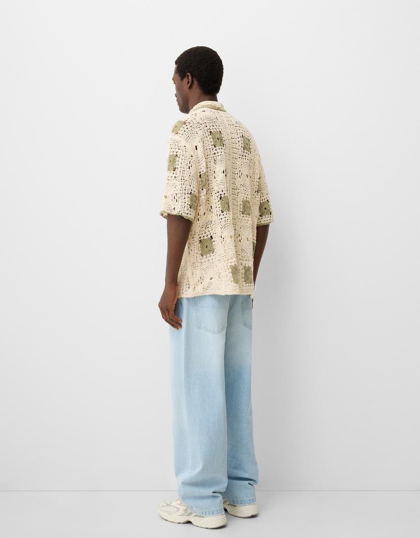 Camisa de manga curta em crochet-Areia-1