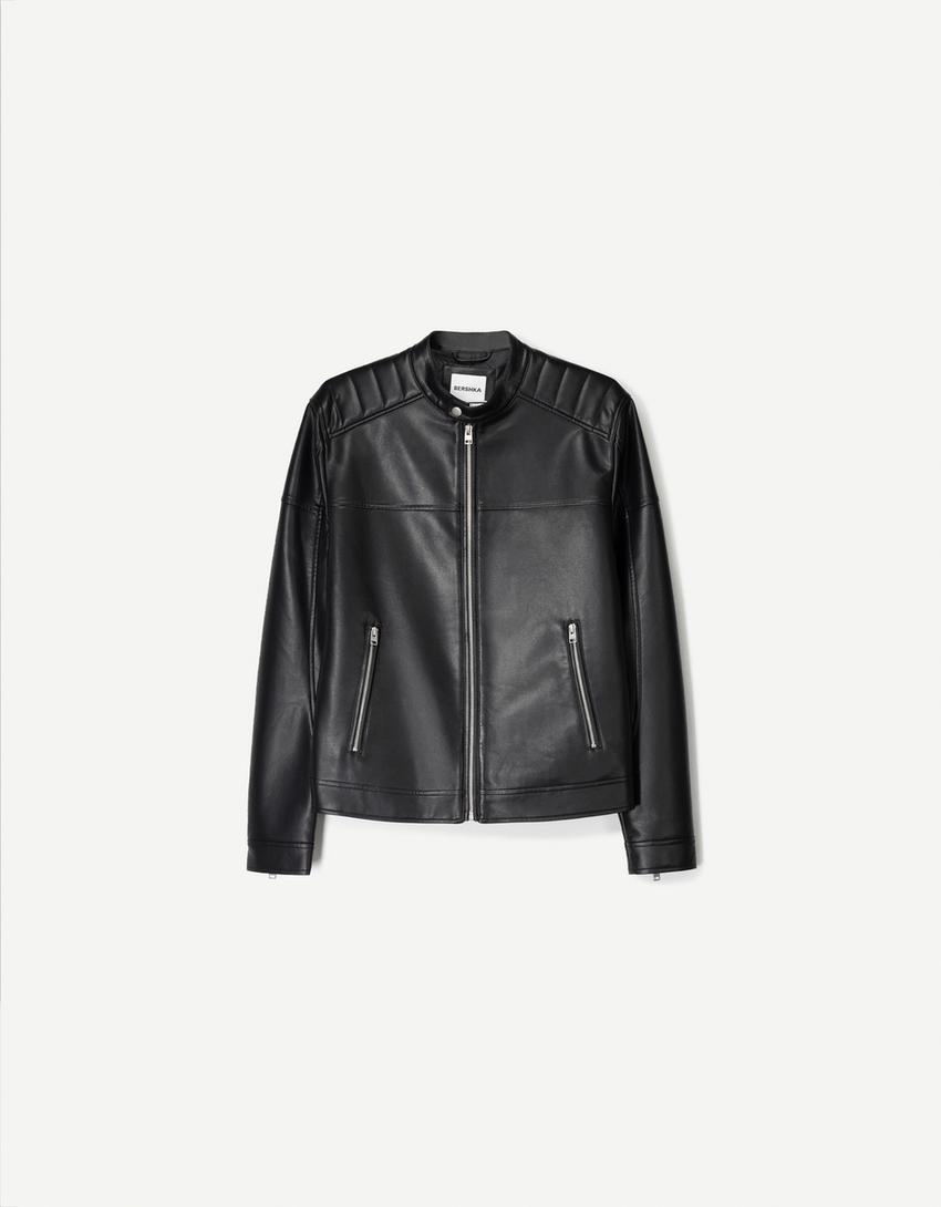 Cazadora biker efecto piel cremalleras-Negro-4