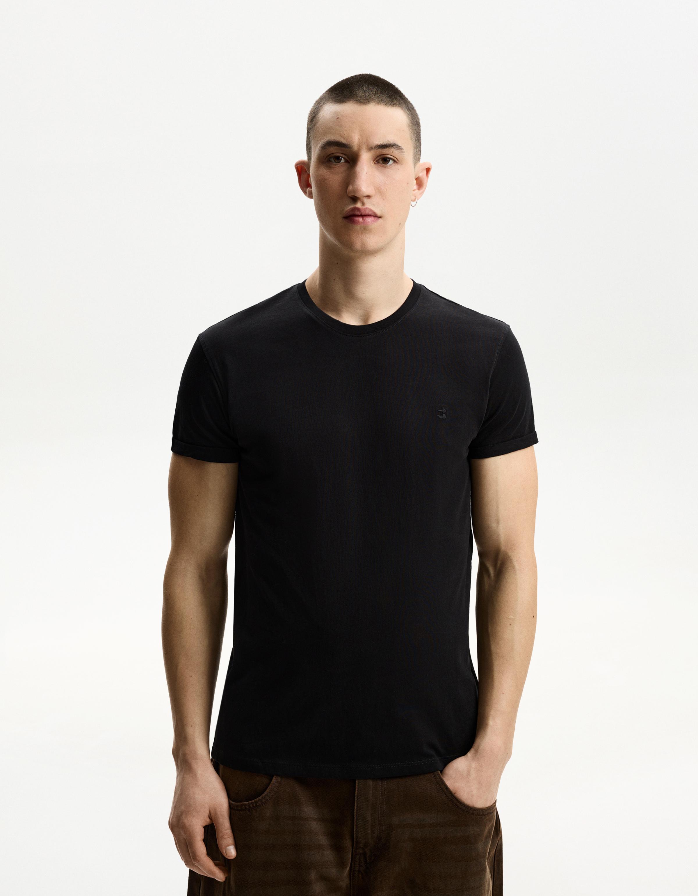Thumbnail - Bershka T-Shirt Mit Kurzen Roll-Up-Ärmeln Und Stickerei Herren M Schwarz