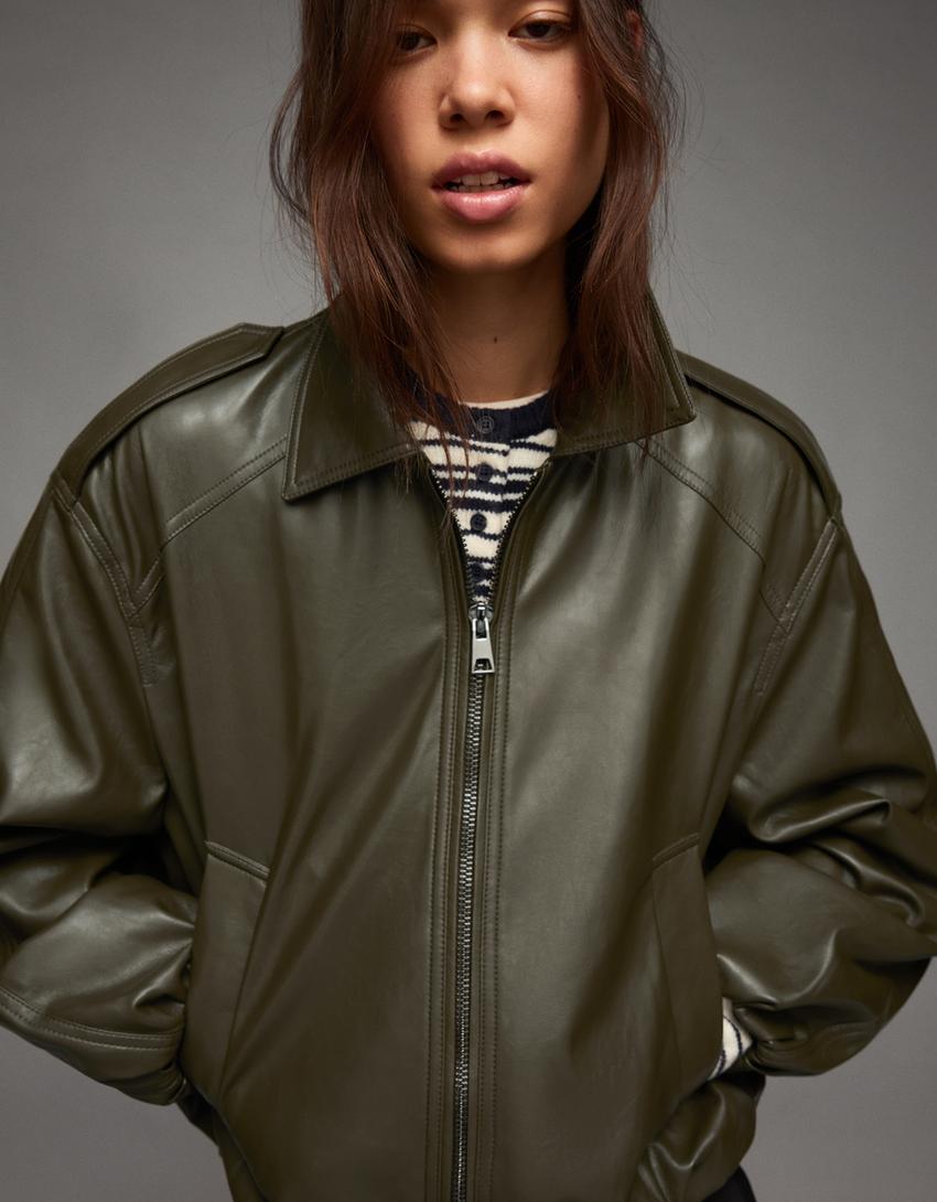 Leather effect balloon jacket-Khaki
