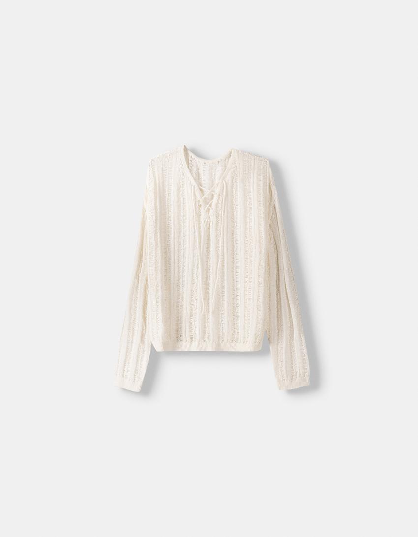 Pull manches longues cropped ajours-Blanc cassé-4