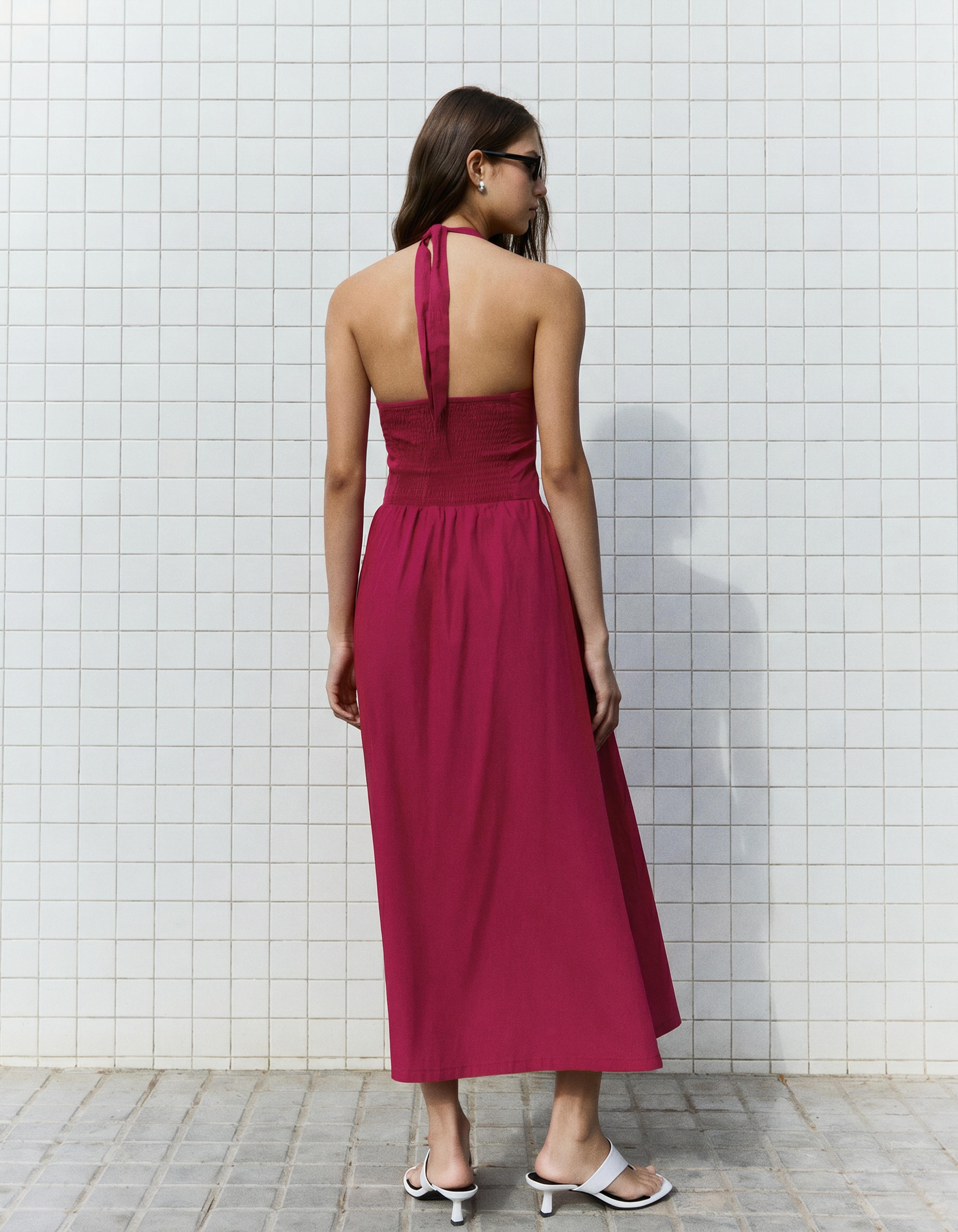 Long halter poplin dress — Burgundy