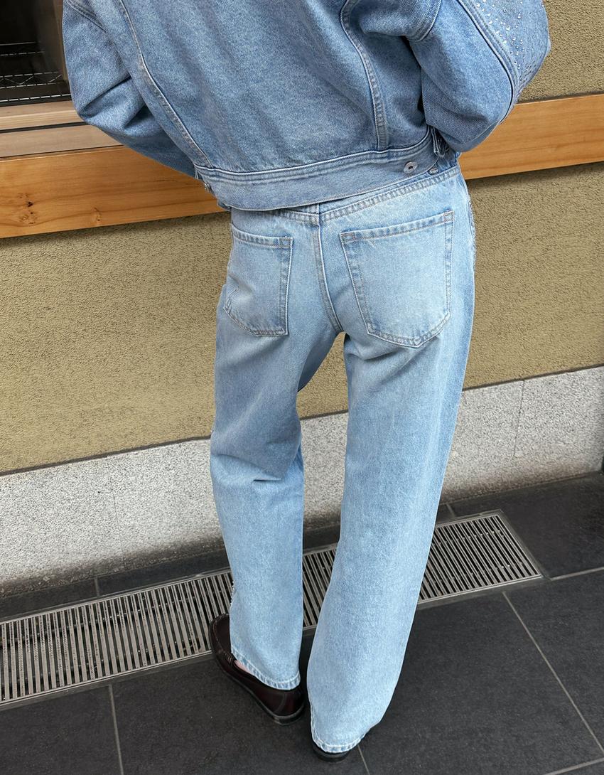 Shimmery high-waist straight wide-leg jeans-Light blue