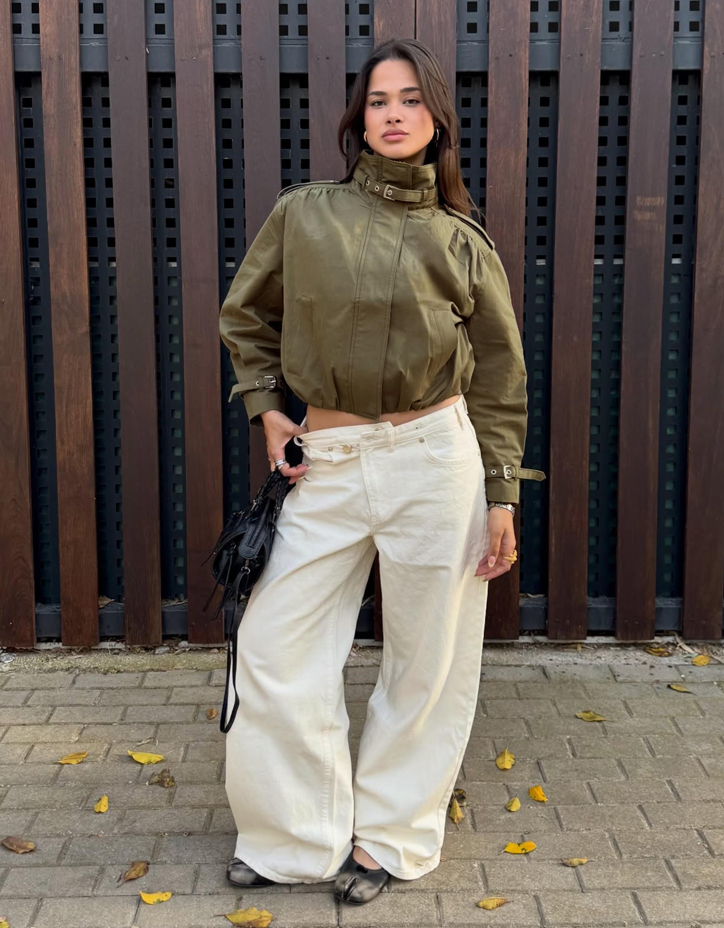 Wide leg jeans with crossover waist — Cream