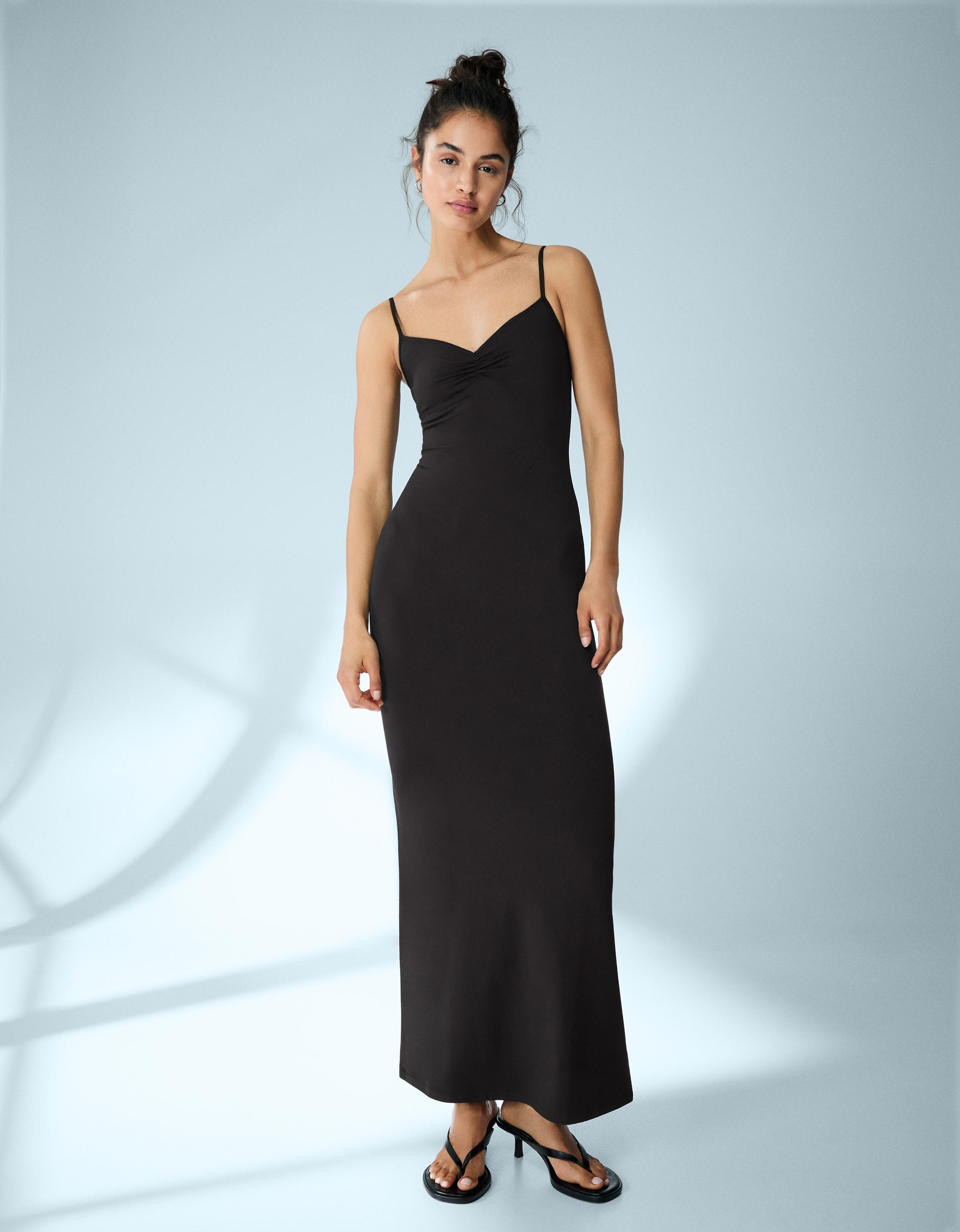 Büzgülü askılı midi elbise - Görsel 31