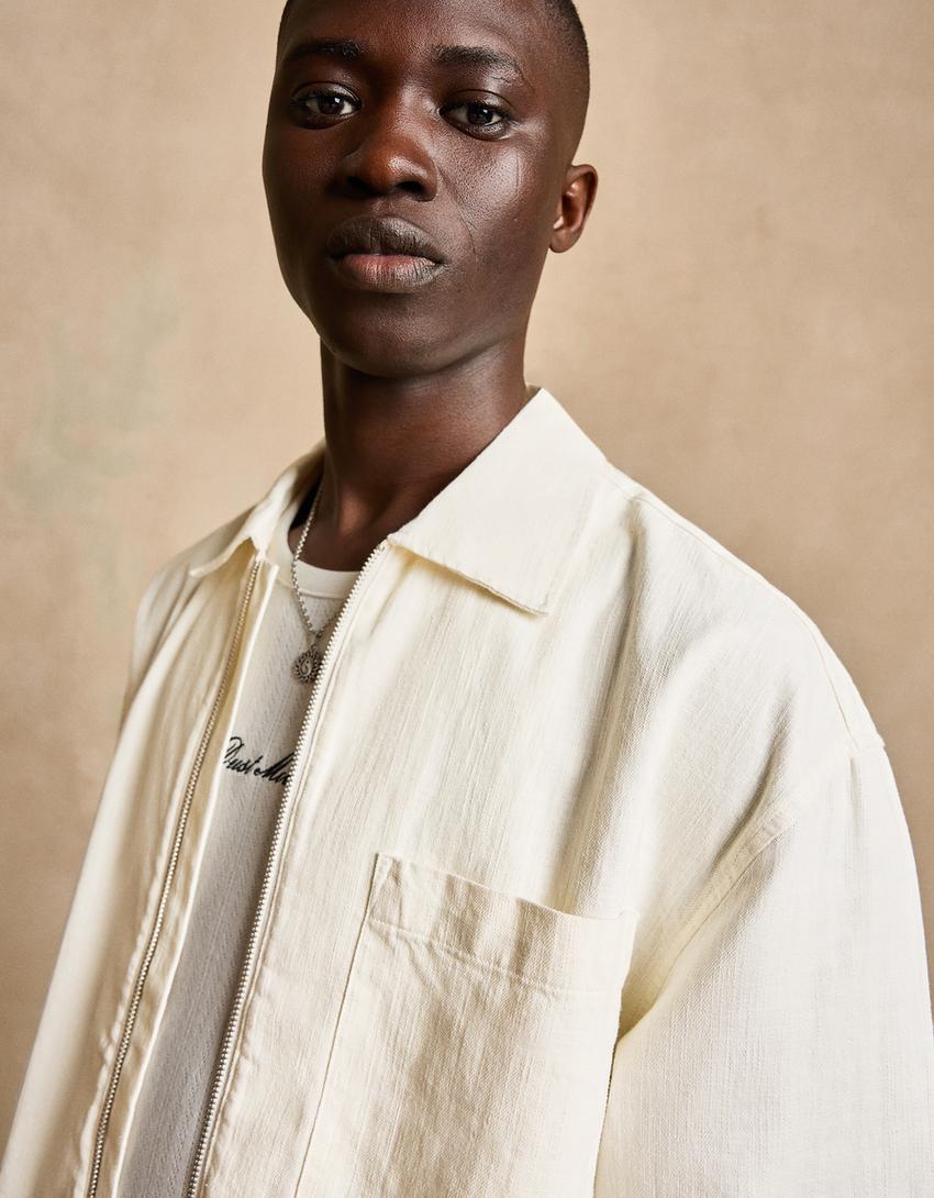 Zip-up overshirt with linen-White