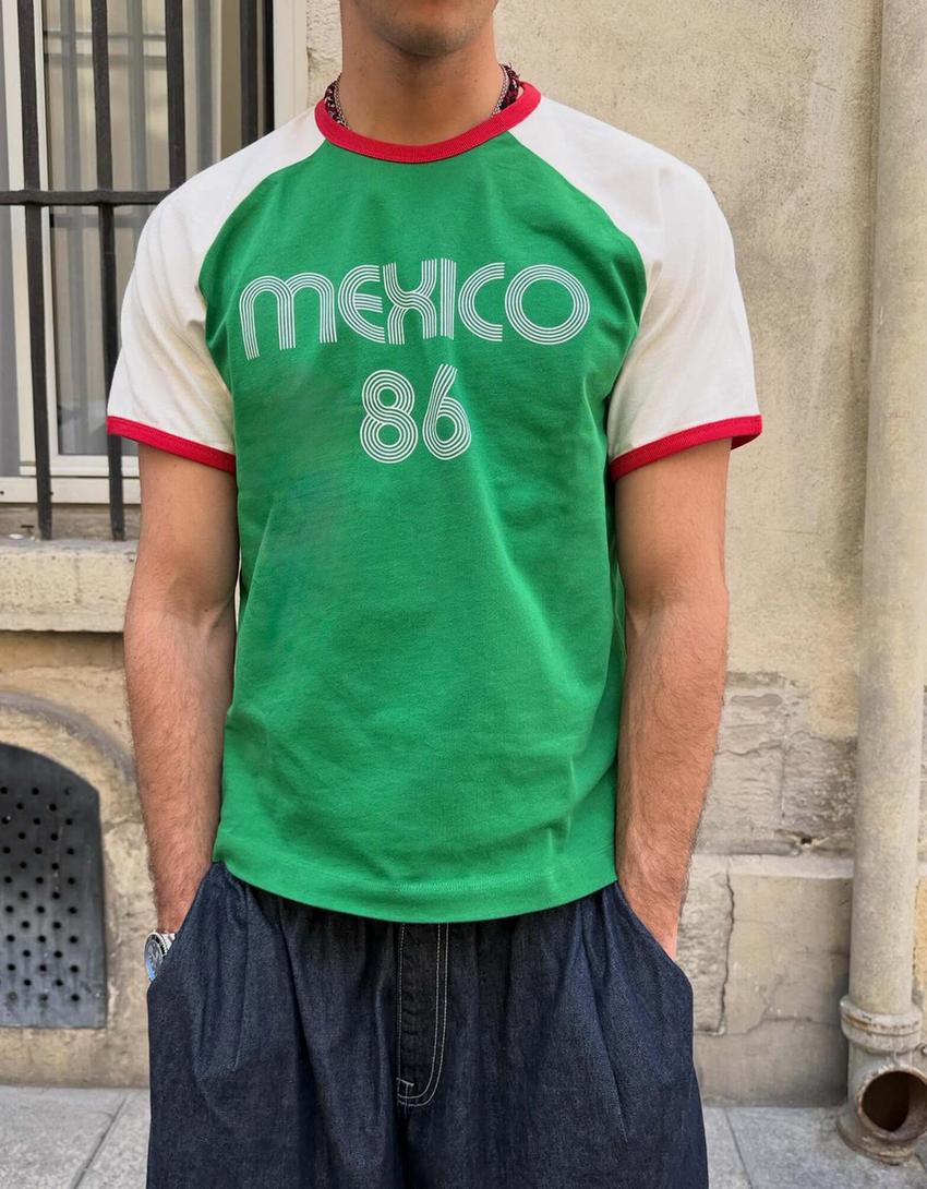 Raglan baskılı slim fit tişört-Yeşil