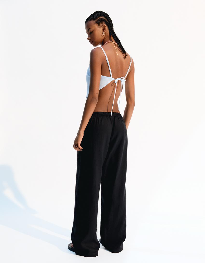 Pantalón con lino goma cintura-Negro-2