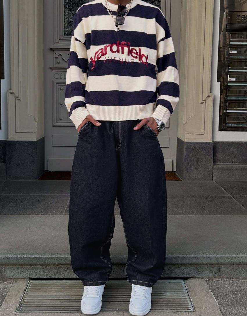 Geborduurde trui met strepen en ronde hals-Marineblau