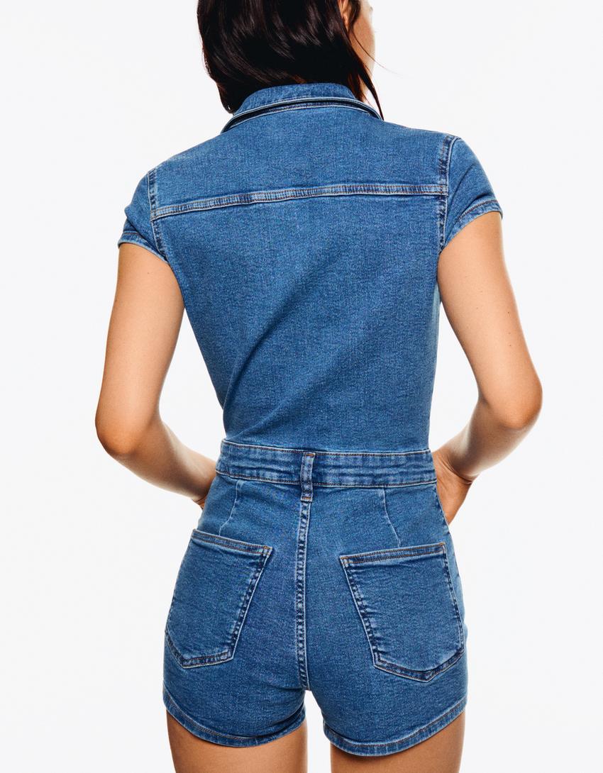 Kort buksedragt i denim-Lyseblå-1