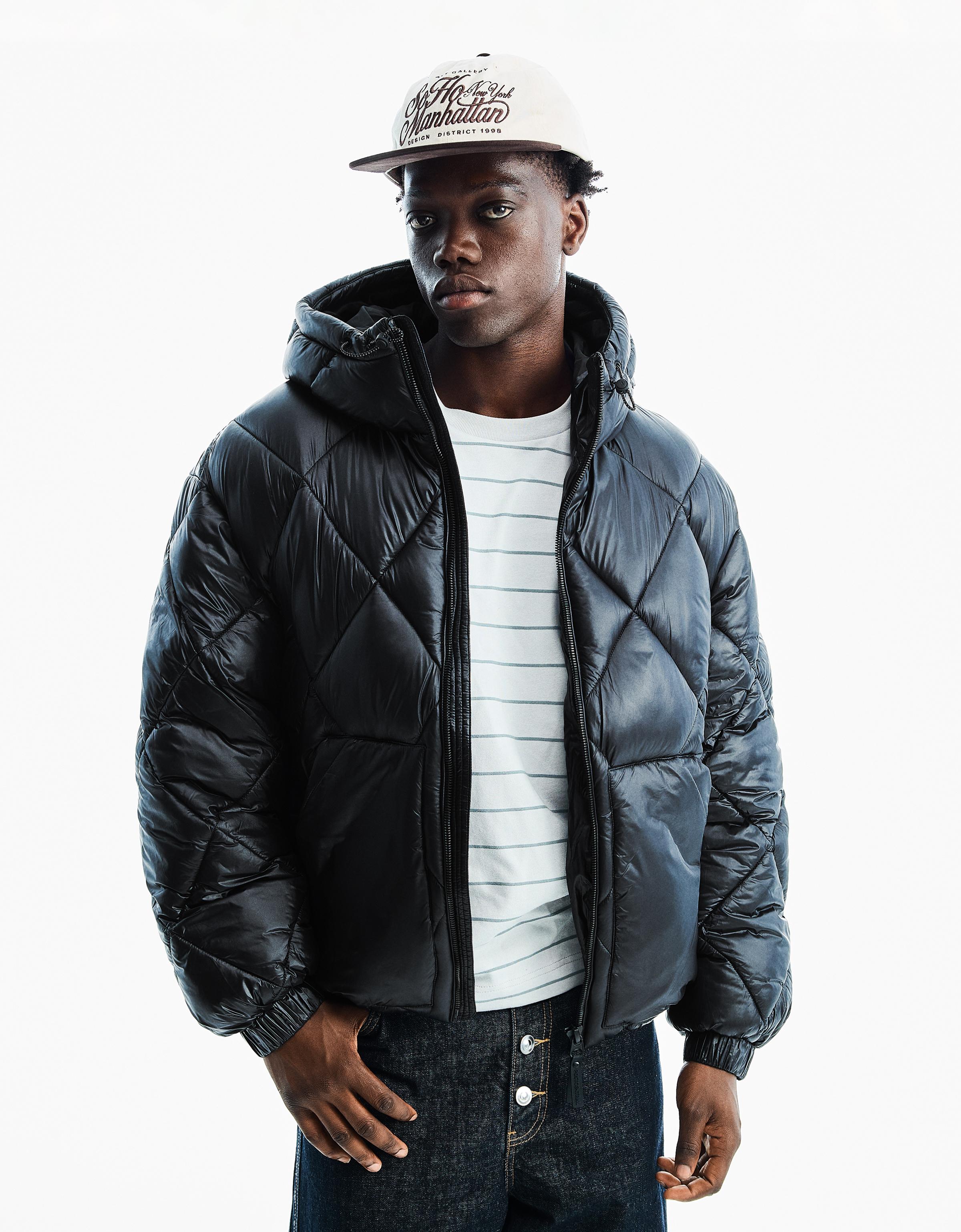 Bershka Cazadora Técnica Capucha Rombos Hombre Negro