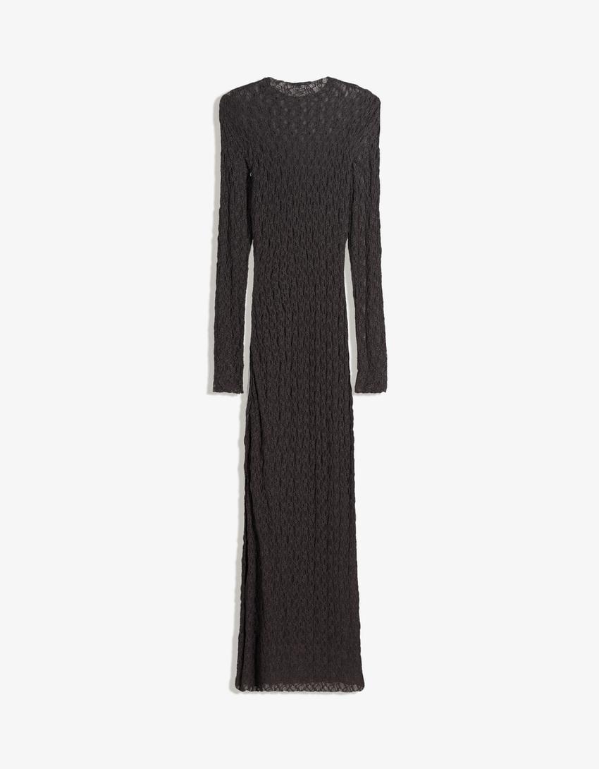 Vestido midi manga comprida renda-Cinzento-escuro