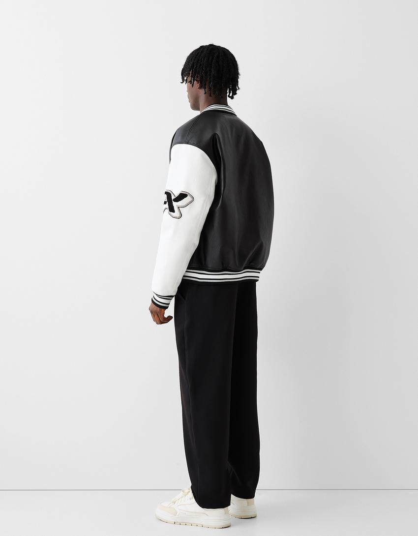 Blouson bomber universitaire similicuir-Noir-1