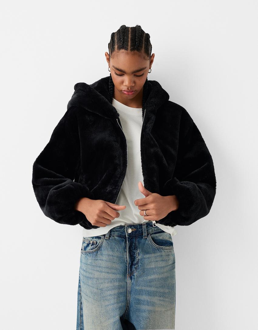 Jacket with faux fur hood-Black