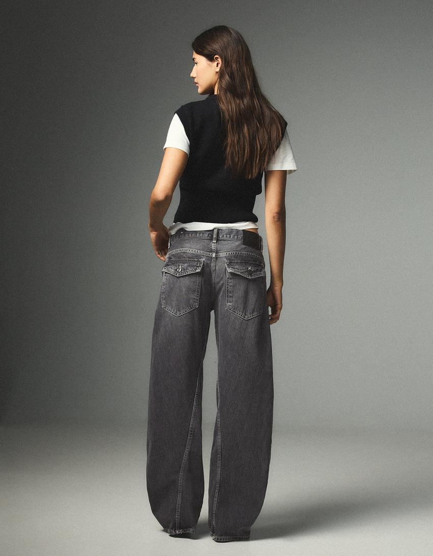 Düşük bel barrel fit jean-Koyu gri