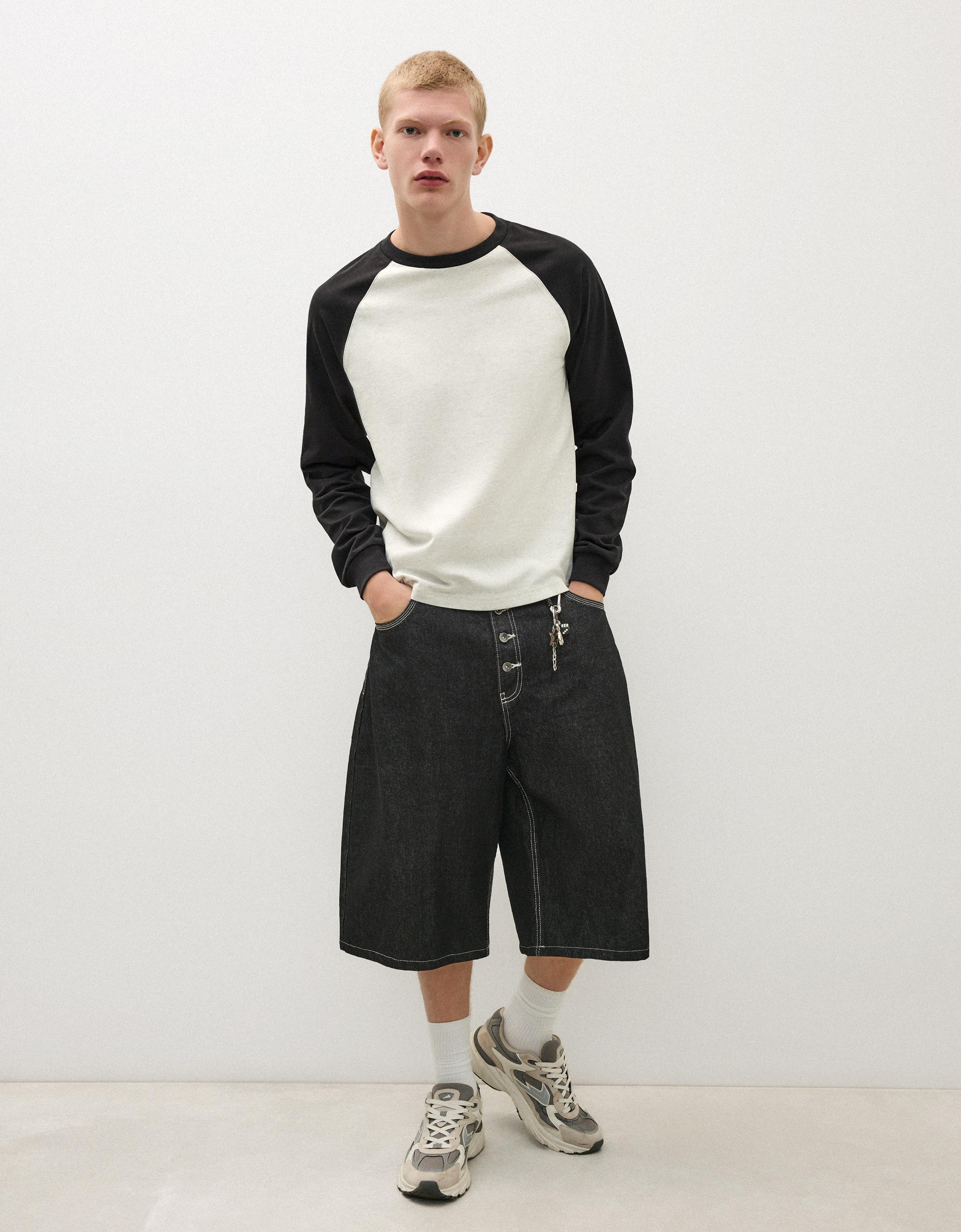 Bershka Camiseta Manga Larga Ranglan Hombre L Negro