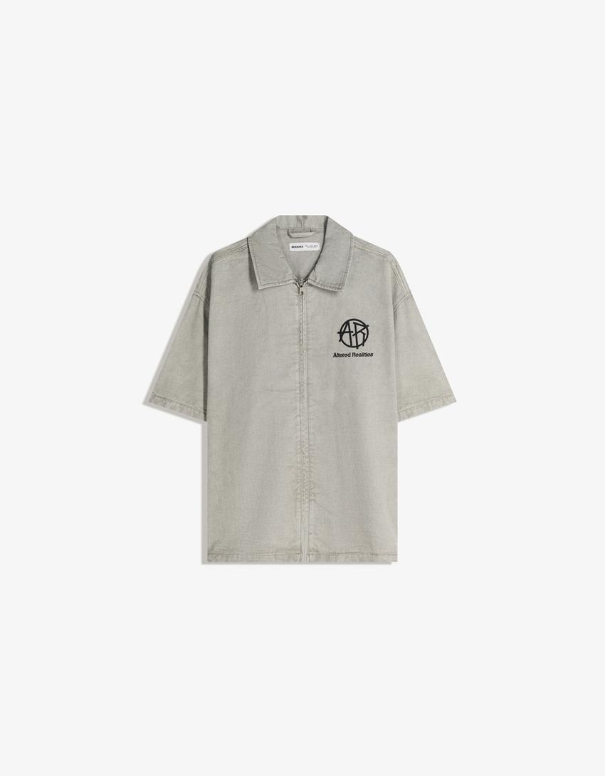 Boxy embroidered zip-up shirt-Grey
