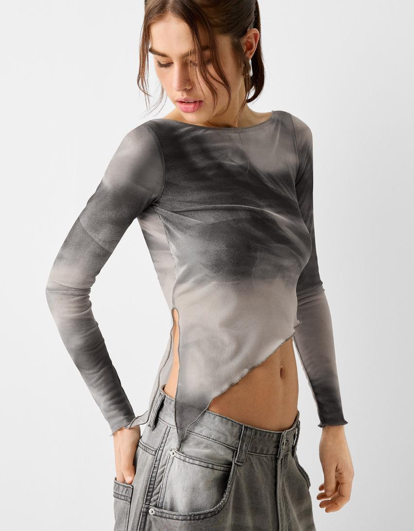 Long sleeve tulle print T-shirt-Dark grey-2