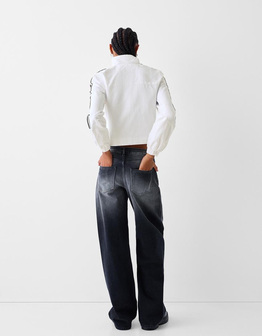 Kolları şeritli naylon ceket-Krem-1