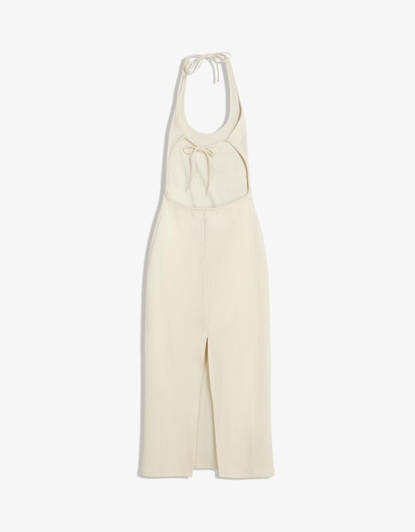 Textured midi dress-Beige
