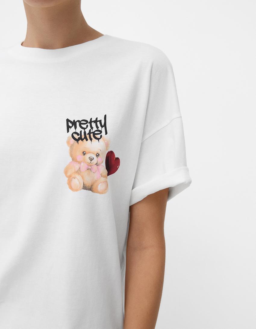 تيشرت فضفاض بطبعة وأكمام قصيرة-أبيض مطفي-2