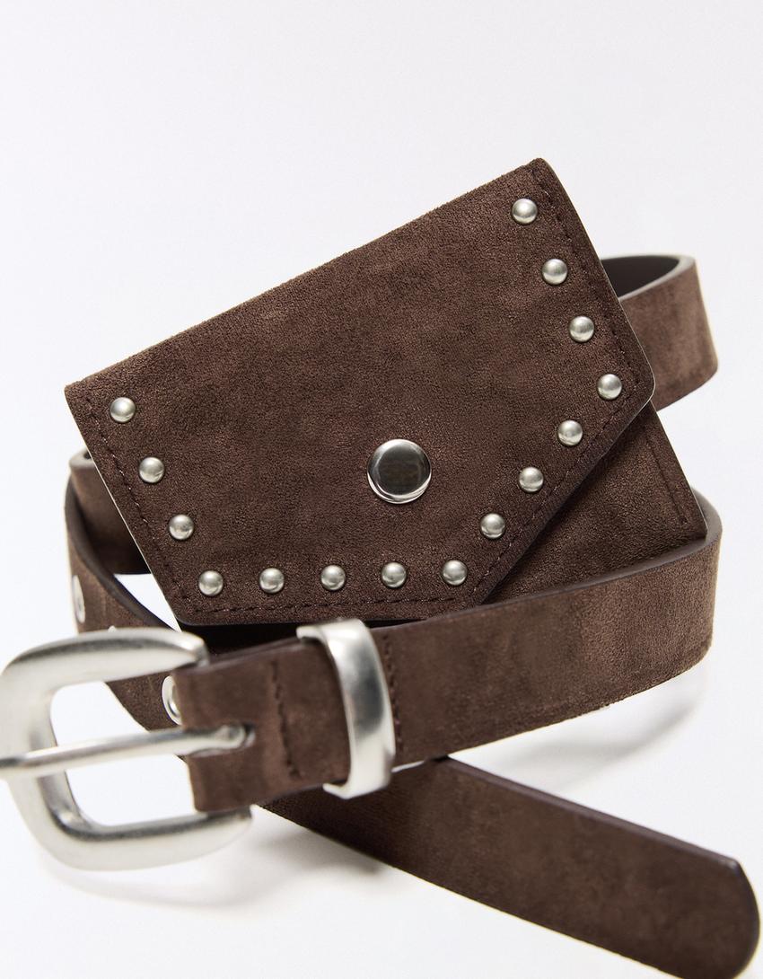 Faux suede belt with pocket-Brown