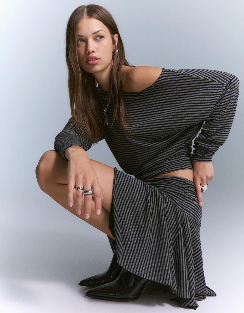 Minijupe asymétrique à rayures-Gris foncé-2