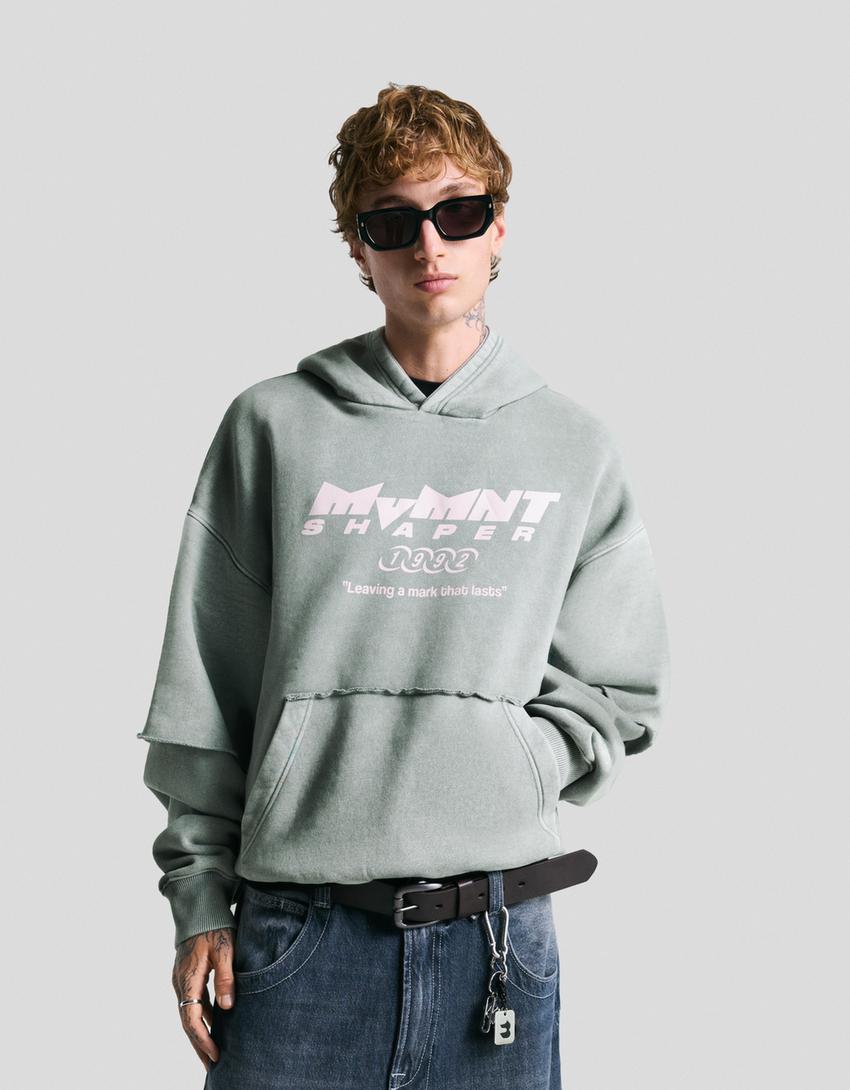 Double-sleeve print hoodie-Grey-0