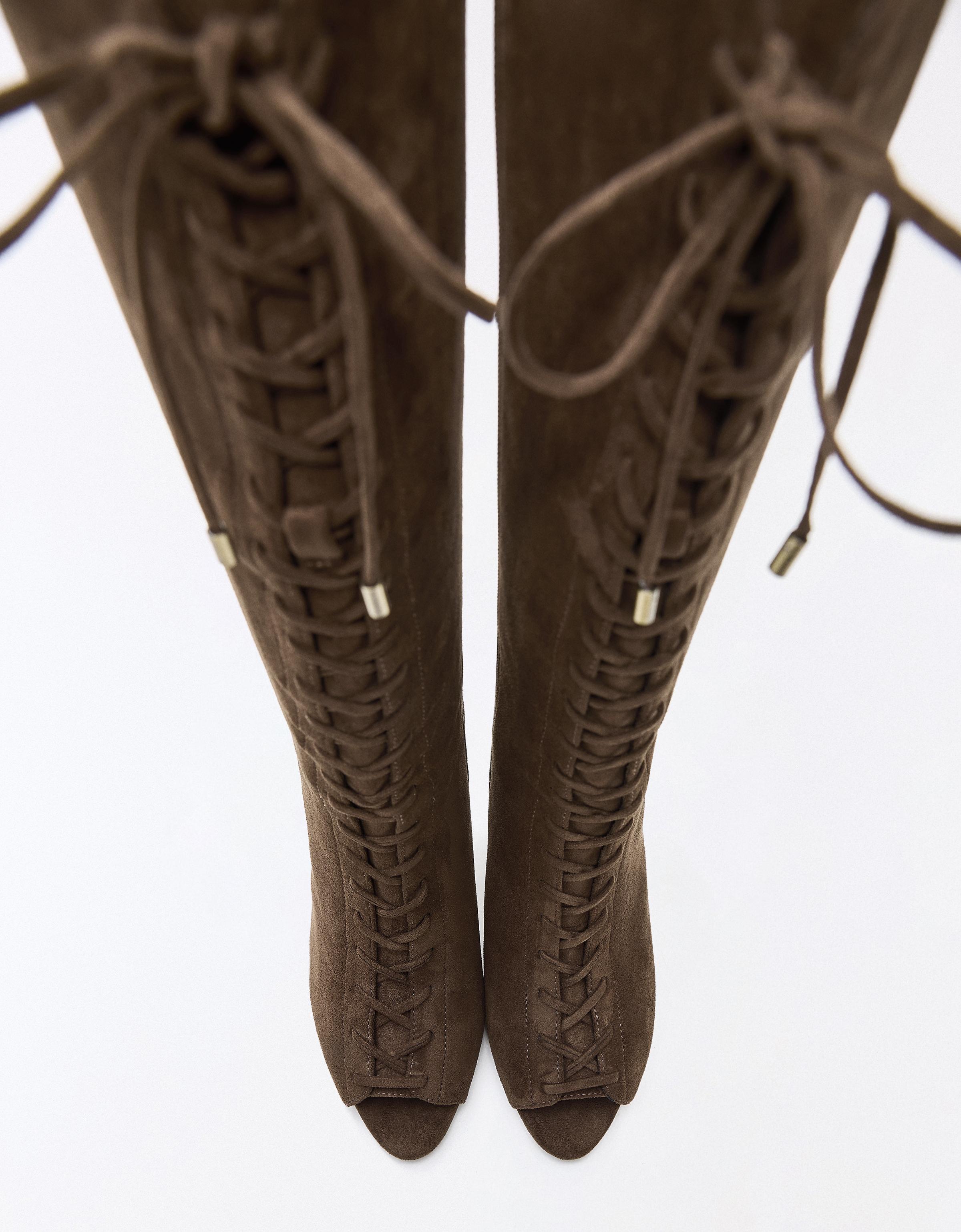 CORSET PEEP TOE HEEL BOOTS — Tan