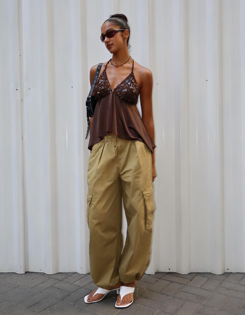 Pullu halter top-Kahverengi