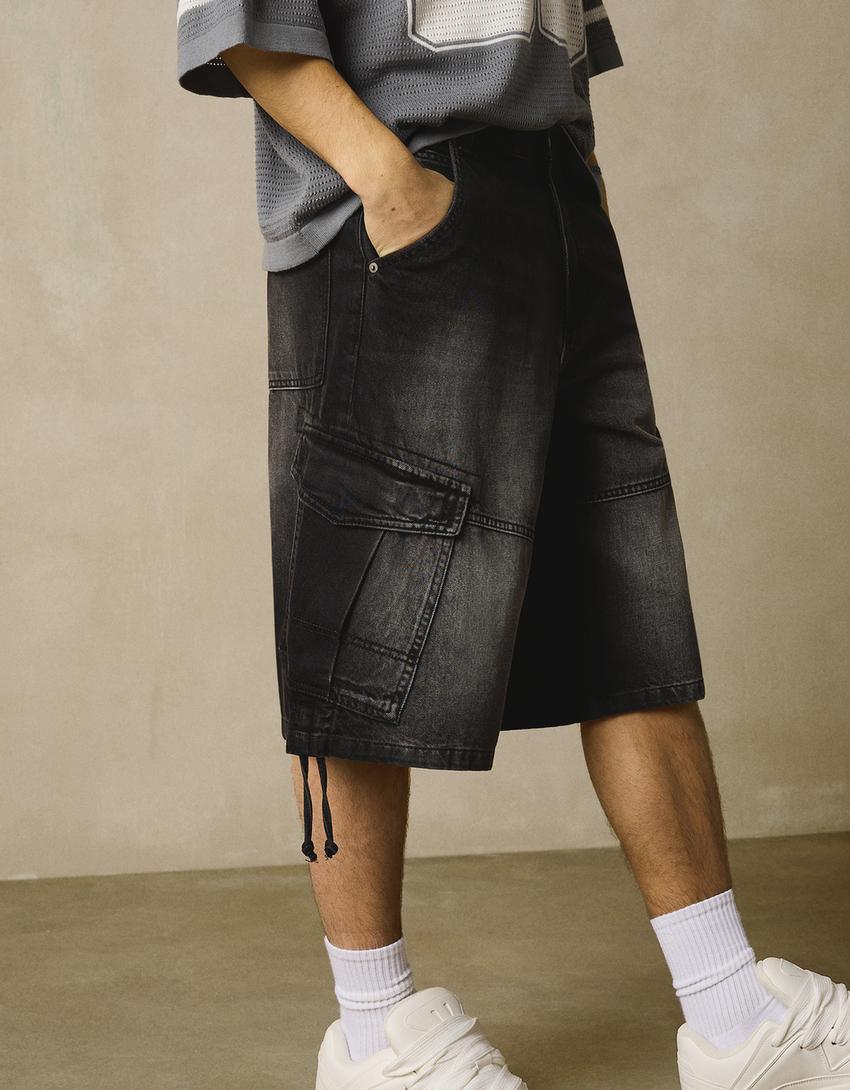 Denim parachute cargo Bermuda shorts-Black