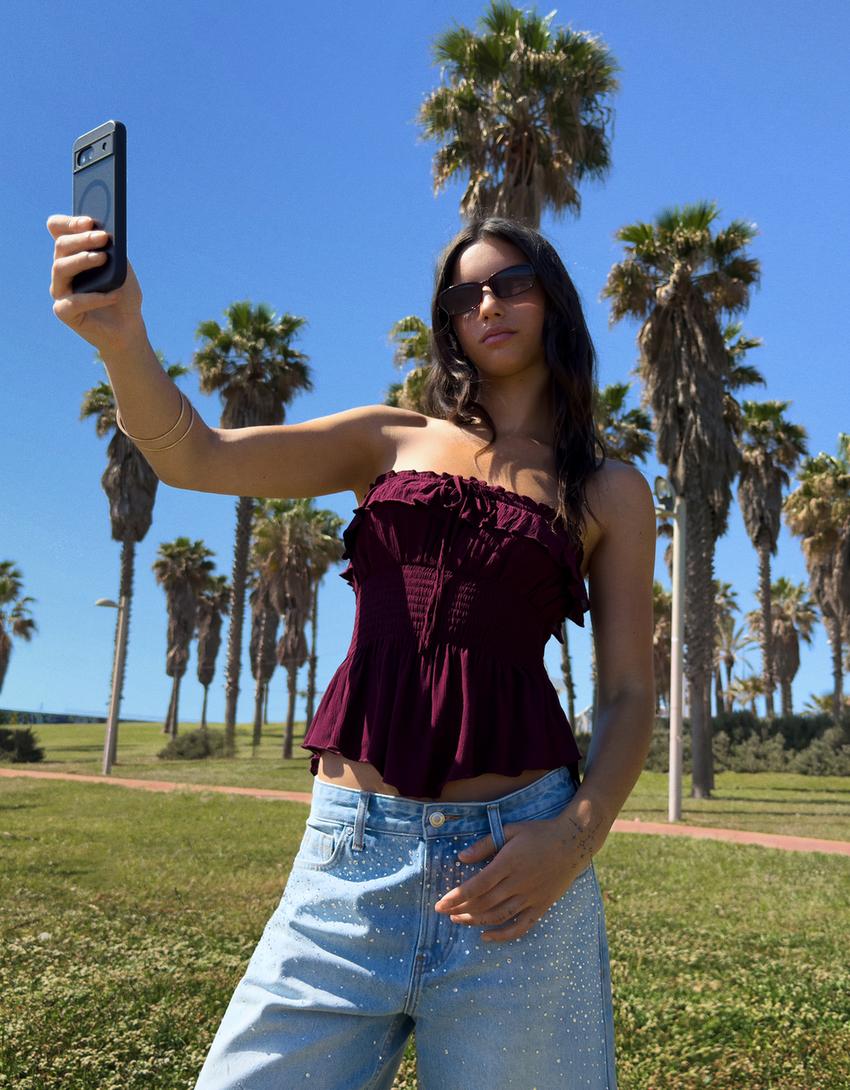 Textured bandeau top with ruffle-Violet