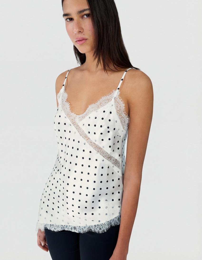 Asymmetric satin strappy top-White / Black