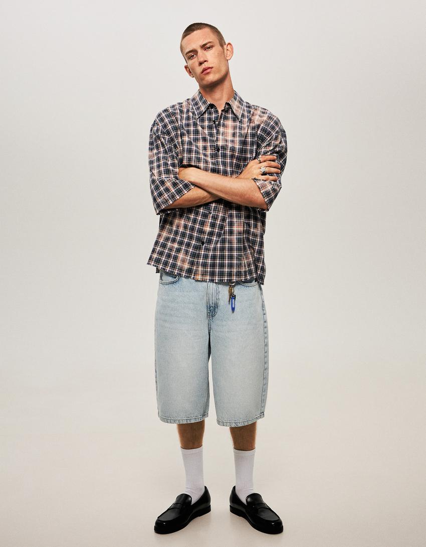 Oversize check short sleeve shirt-Cream-3