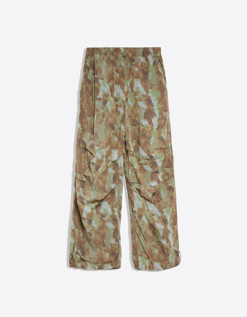 Technical print parachute trousers-Brown