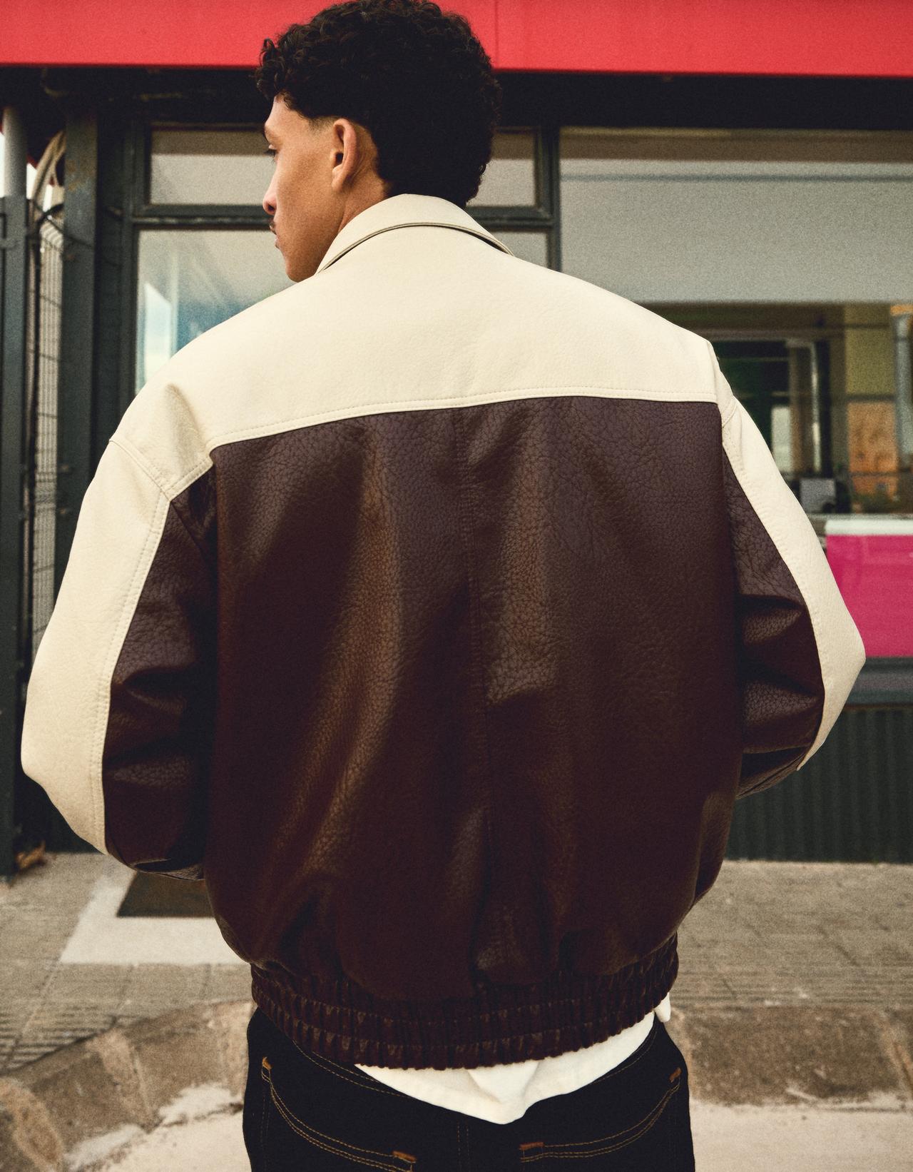 Colour block leather effect jacket — Burgundy