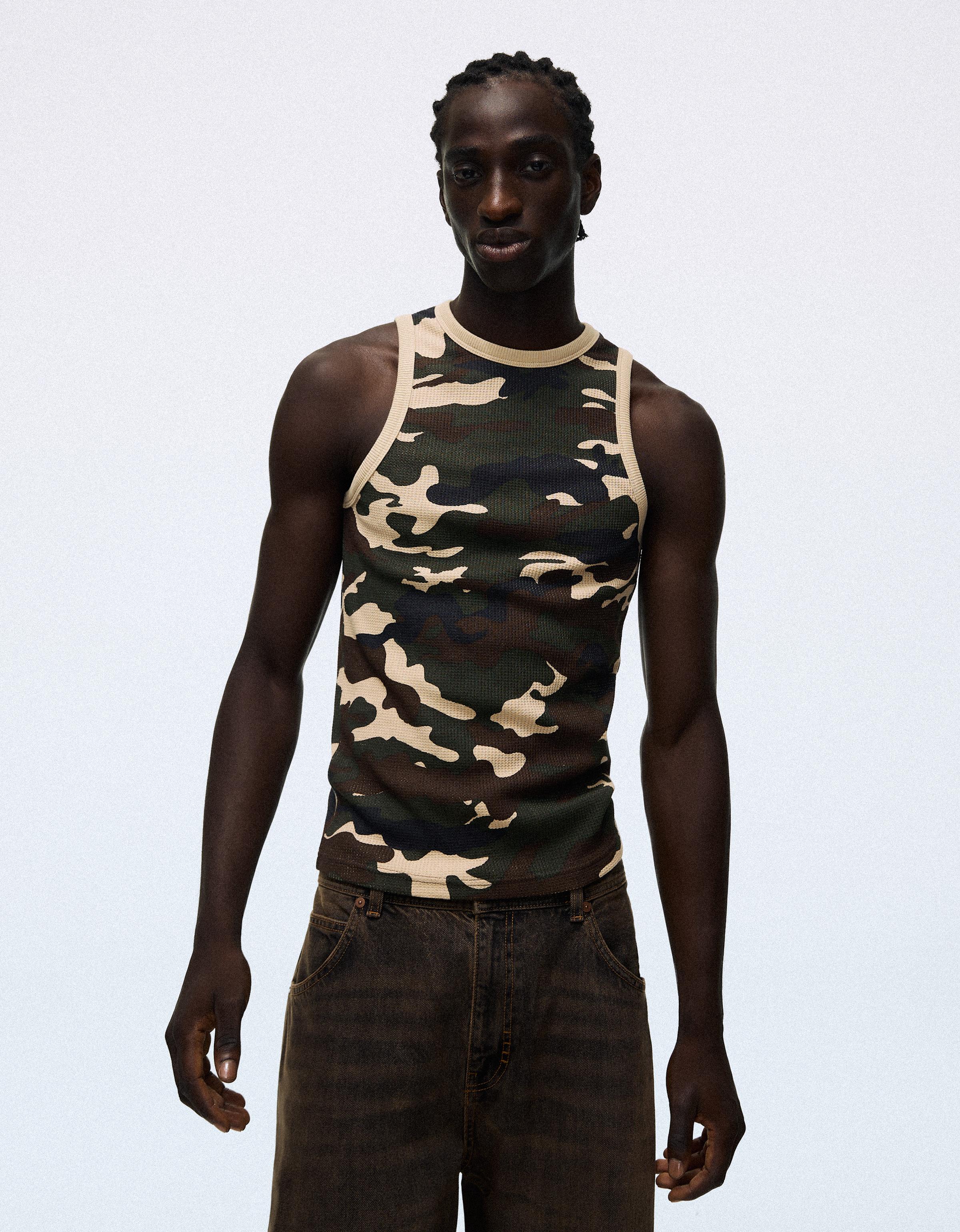 Worker waffle-knit print T-shirt — Khaki