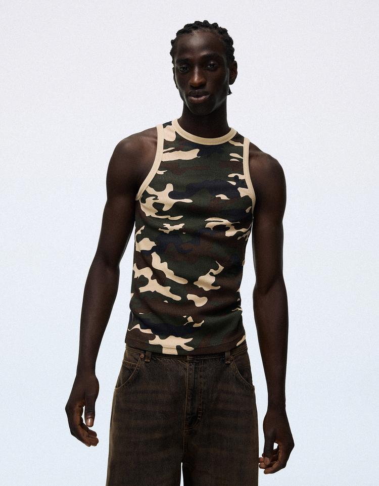 Waffle-knit print vest top — Khaki