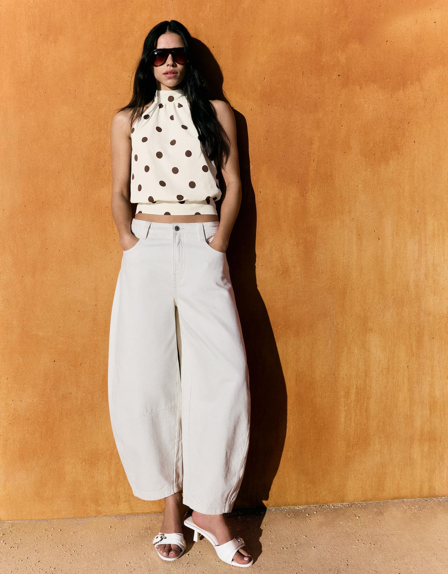 Bershka Pantaloni Barrel Fit Cropped Donna 44 (Eur 40) Avorio