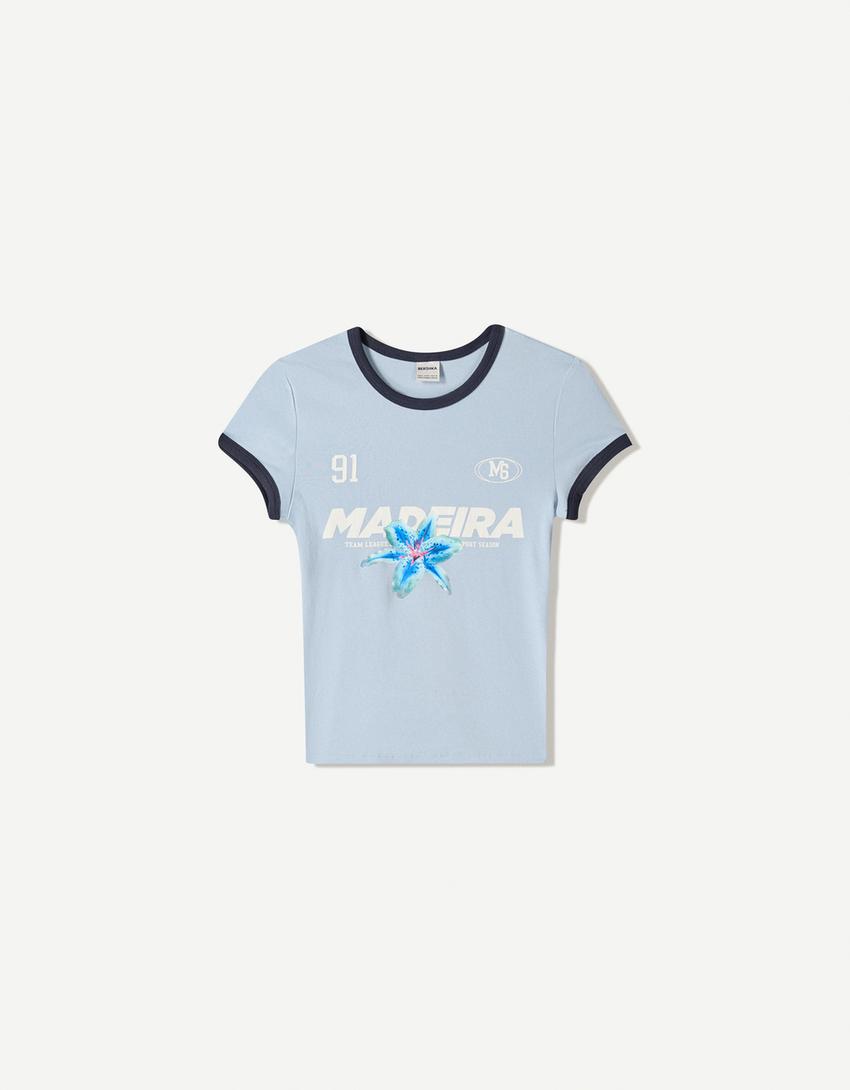 T-Shirt mit kurzen Ärmeln, Kontrast und Print-Hellblau