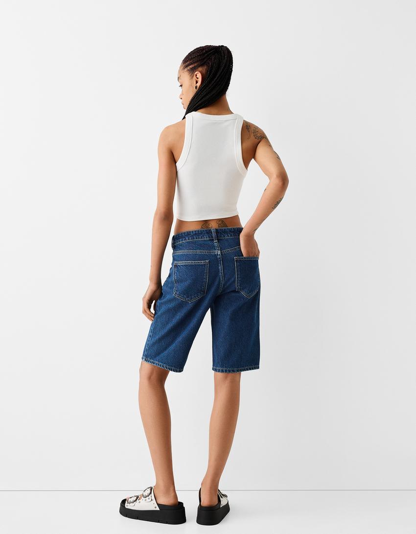 Straight-leg denim Bermuda shorts-Navy-1