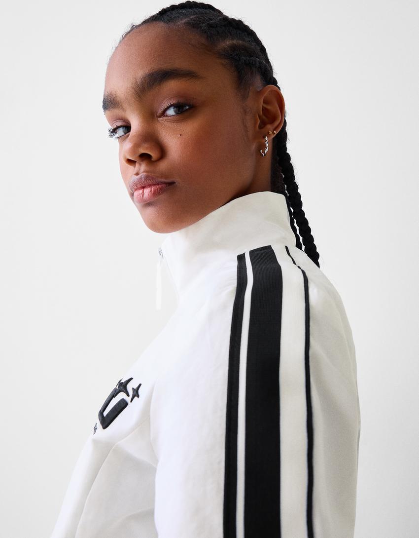 Kolları şeritli naylon ceket-Krem-2