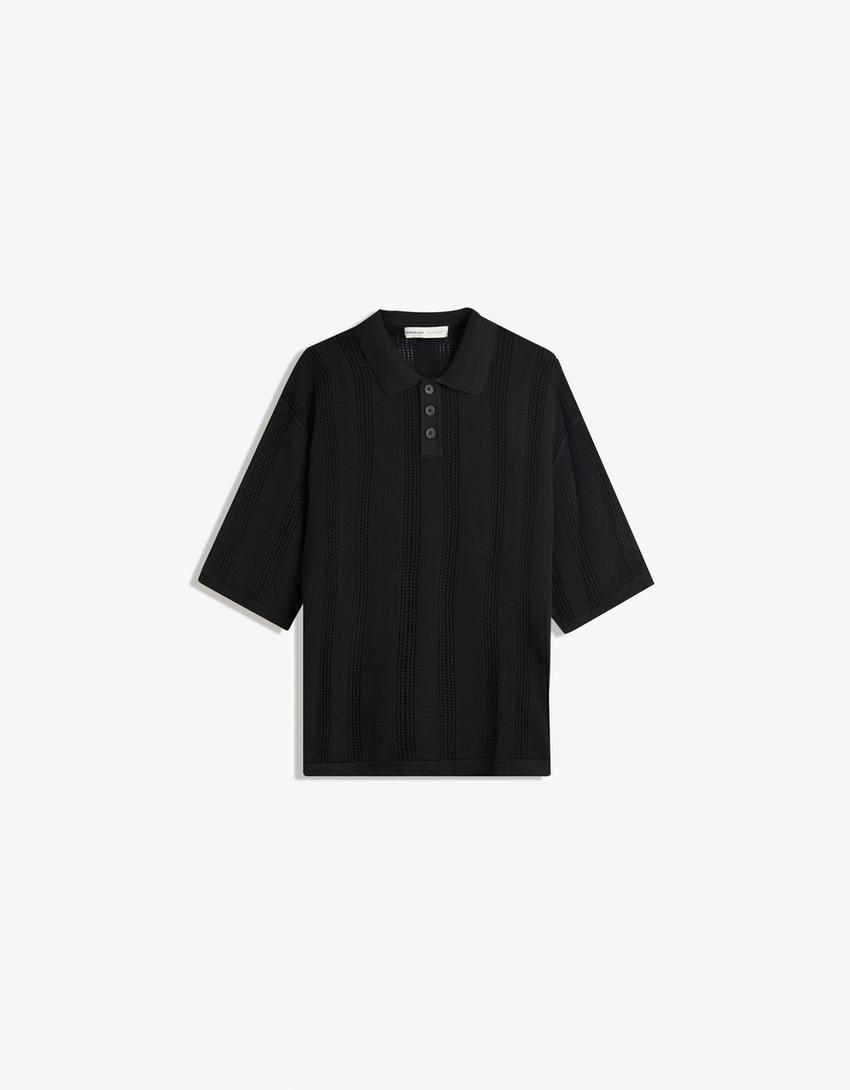 Textured openwork polo shirt-Black-4